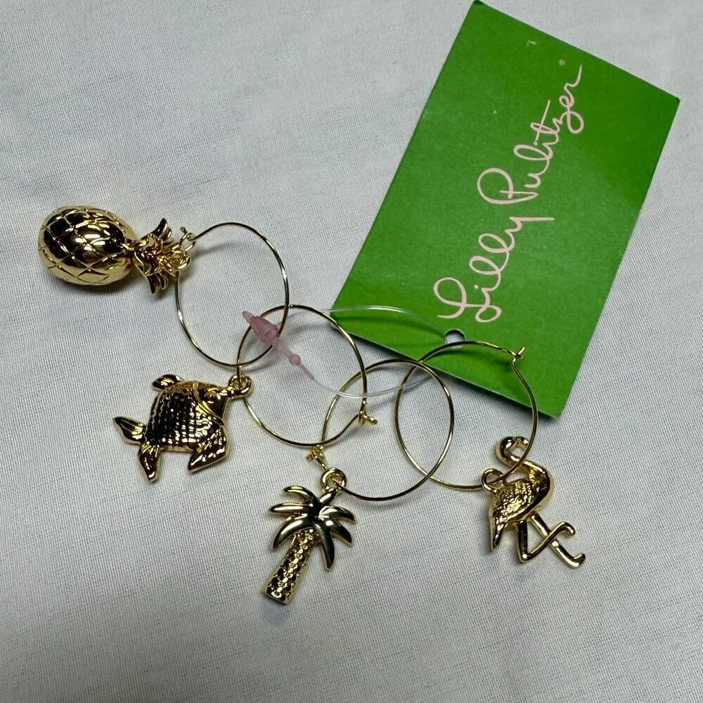Lilly Pulitzer Gold Beverage‎ Charms Set of 4 Flamingo Palm Fish Pineapple NWT